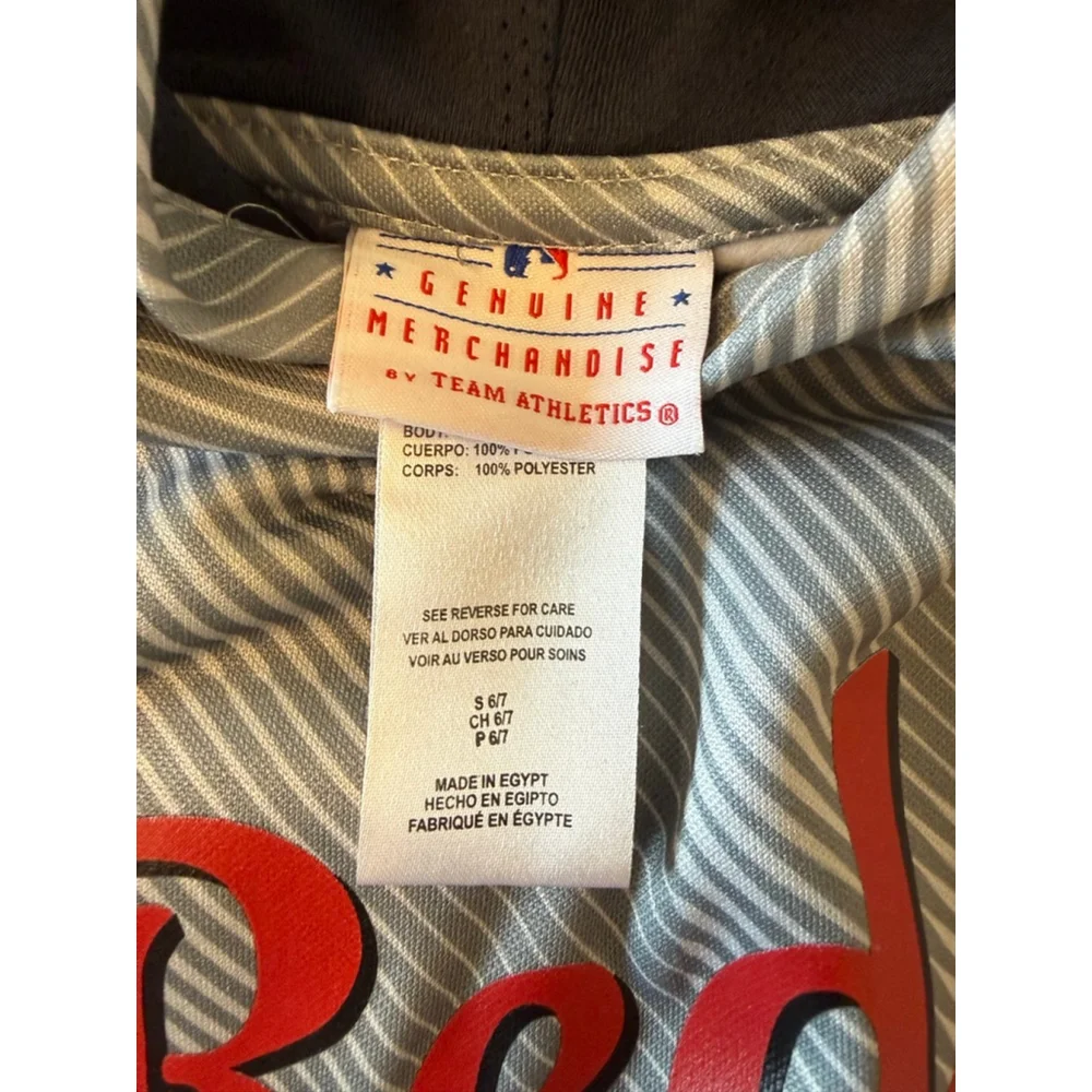 MLB gray striped hooded sweatshirt Cincinnati Reds logo Child size 6/7 NWOTs